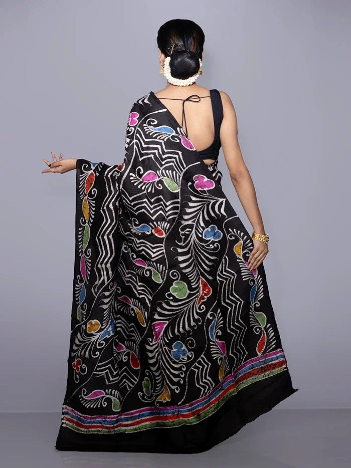 Allover Hand Batik Printed Murshidabad Silk Saree - WeaversIndia