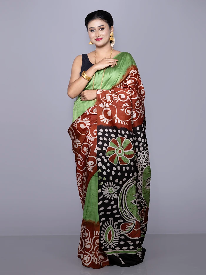 Par Anchal Hand Batik Printed Murshidabad Silk Saree