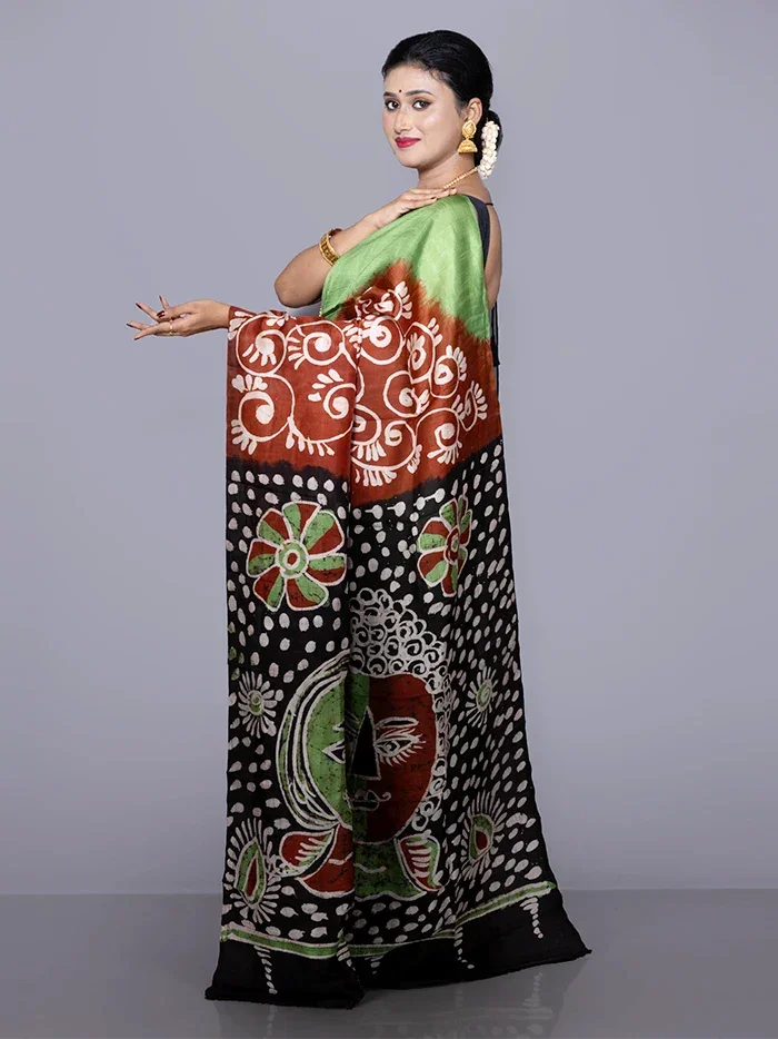 Par Anchal Hand Batik Printed Murshidabad Silk Saree - WeaversIndia
