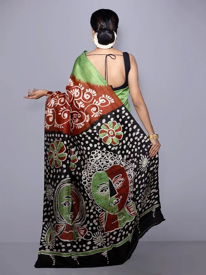 Par Anchal Hand Batik Printed Murshidabad Silk Saree - WeaversIndia