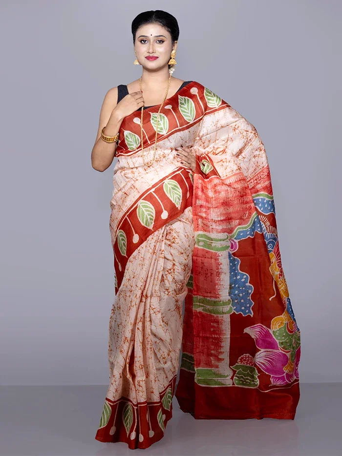 Allover Hand Batik Printed Murshidabad Silk Saree - WeaversIndia