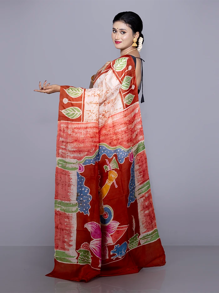 Allover Hand Batik Printed Murshidabad Silk Saree