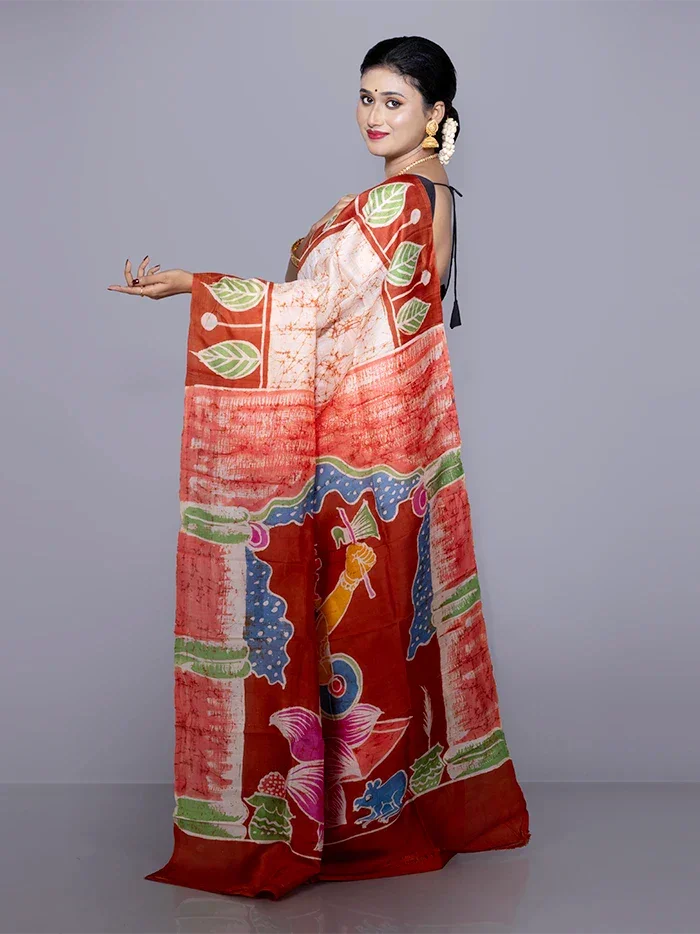 Allover Hand Batik Printed Murshidabad Silk Saree - WeaversIndia