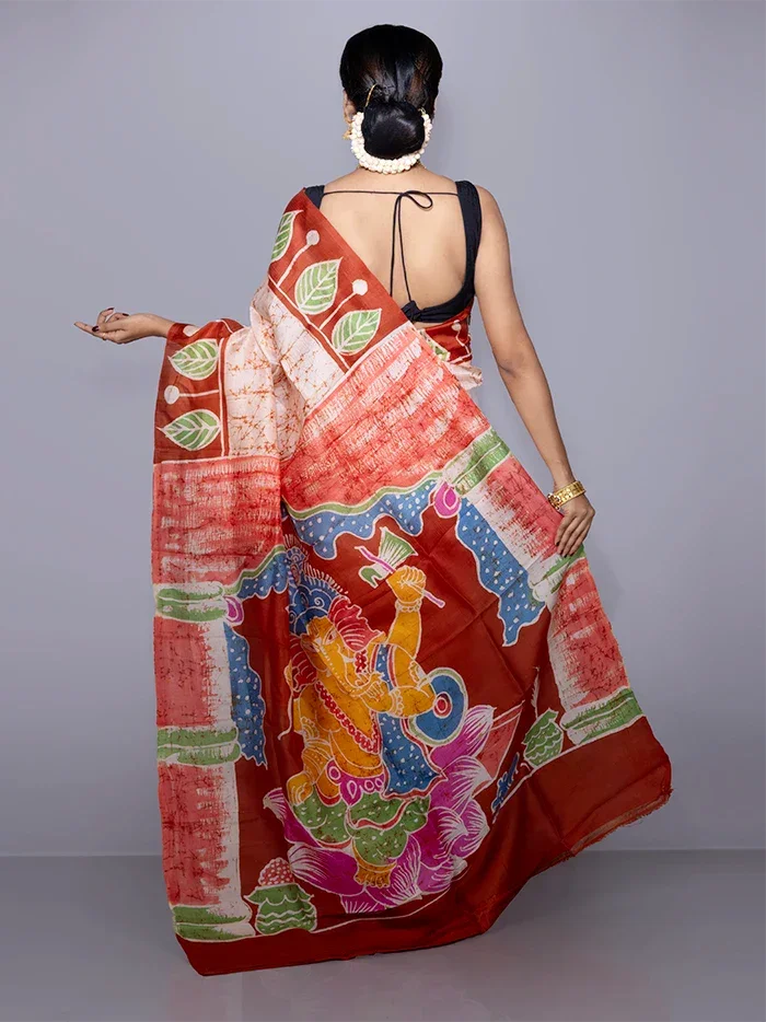 Allover Hand Batik Printed Murshidabad Silk Saree - WeaversIndia