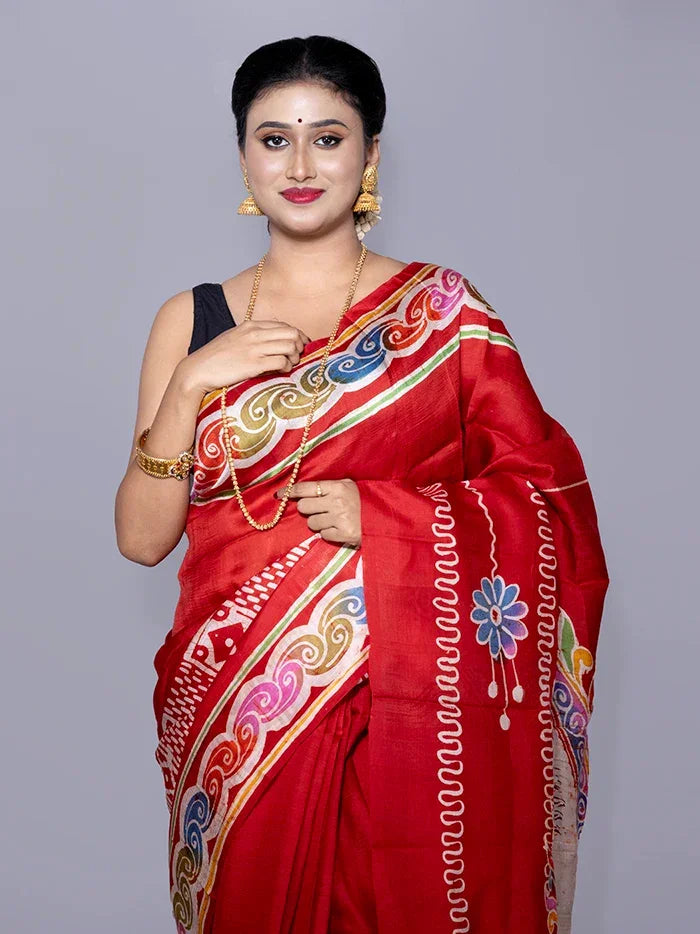 Par Anchal Hand Batik Printed Murshidabad Silk Saree - WeaversIndia