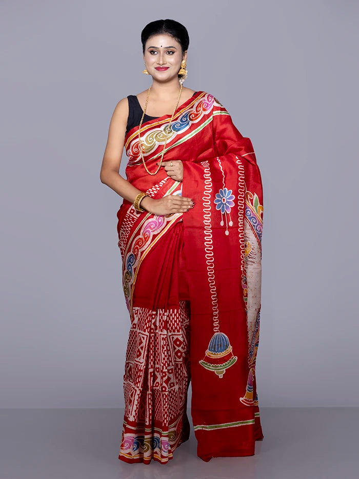 Par Anchal Hand Batik Printed Murshidabad Silk Saree