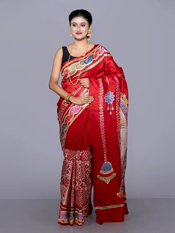 Par Anchal Hand Batik Printed Murshidabad Silk Saree - WeaversIndia