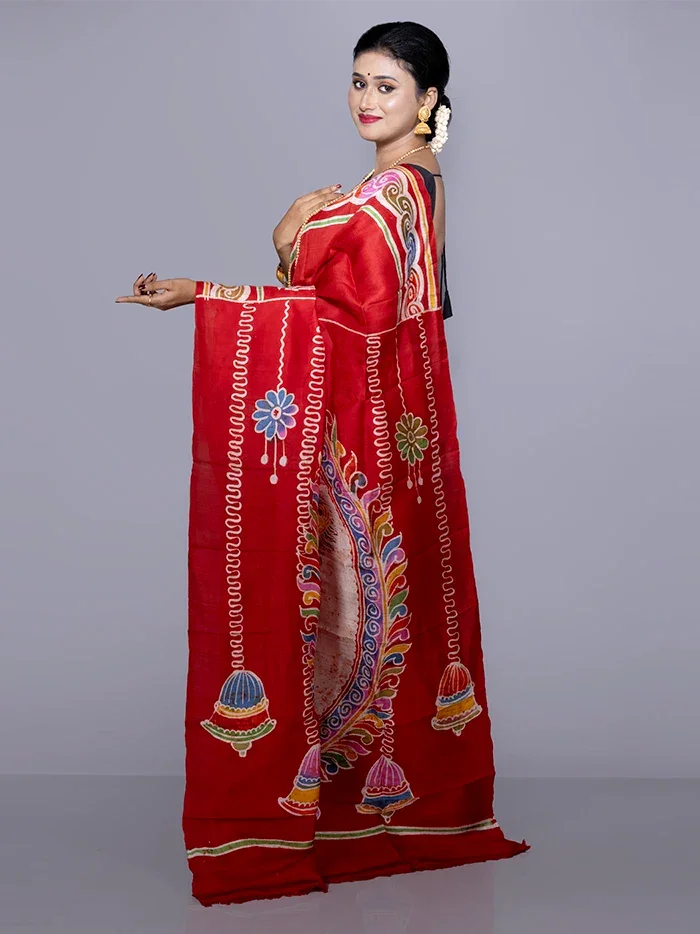 Par Anchal Hand Batik Printed Murshidabad Silk Saree - WeaversIndia