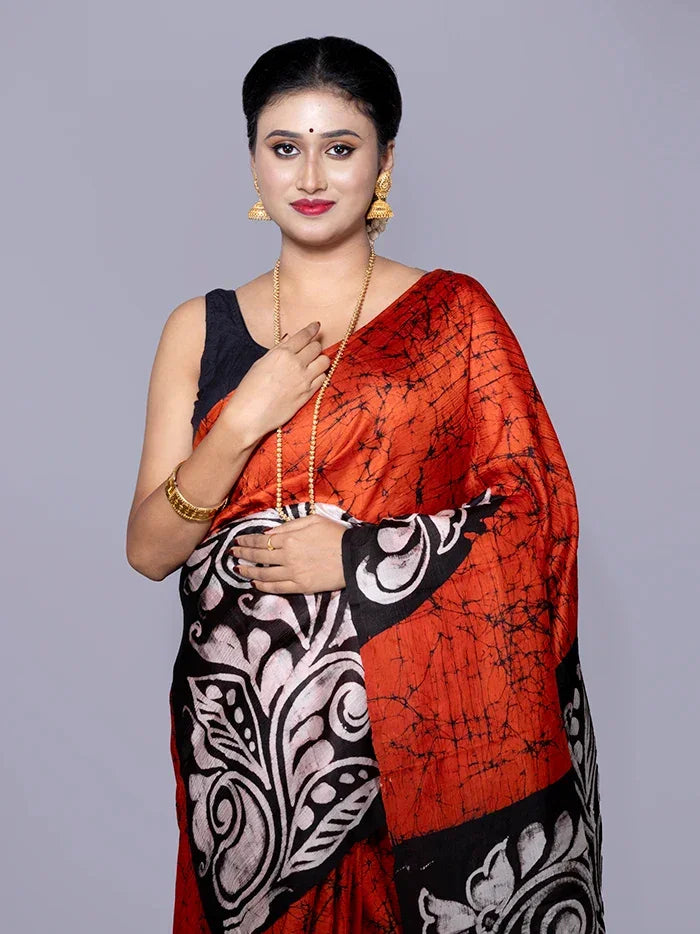 Allover Hand Batik Printed Murshidabad Silk Saree - WeaversIndia