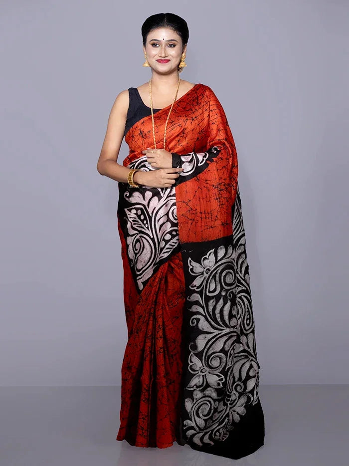 Allover Hand Batik Printed Murshidabad Silk Saree - WeaversIndia