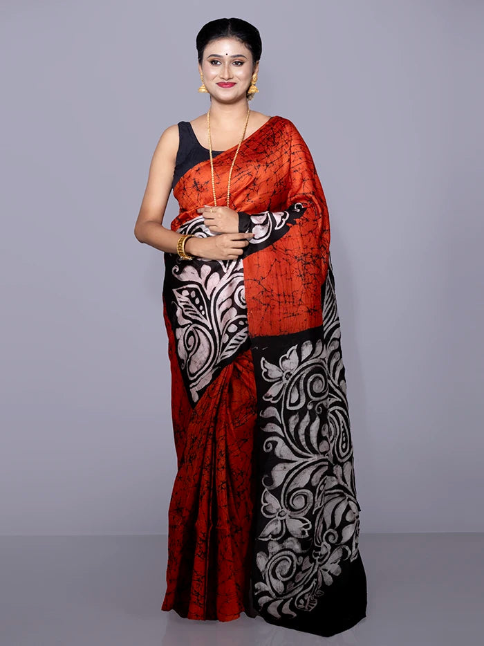 Allover Hand Batik Printed Murshidabad Silk Saree