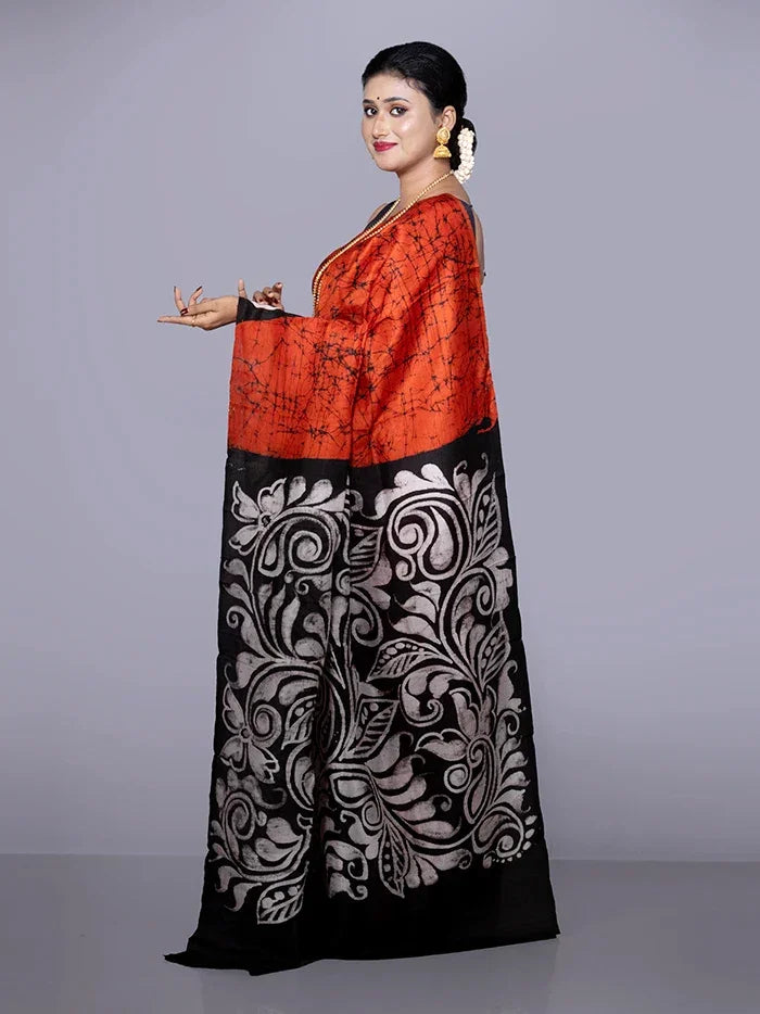 Allover Hand Batik Printed Murshidabad Silk Saree - WeaversIndia
