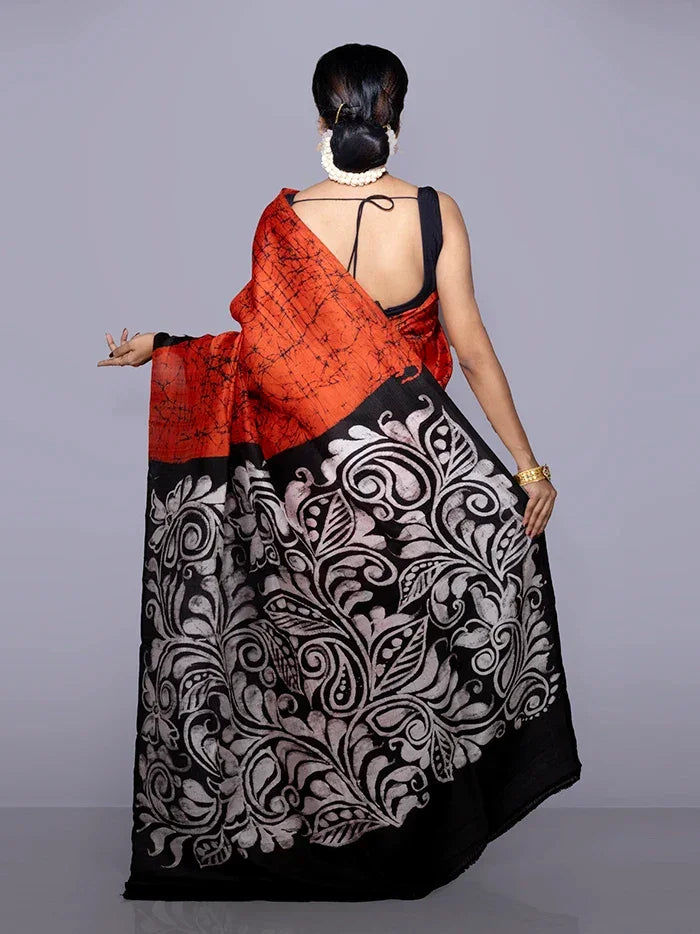 Allover Hand Batik Printed Murshidabad Silk Saree - WeaversIndia
