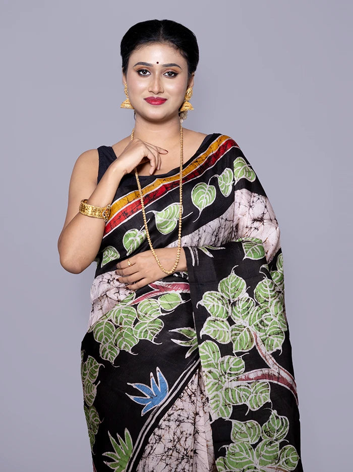 Allover Hand Batik Printed Murshidabad Silk Saree