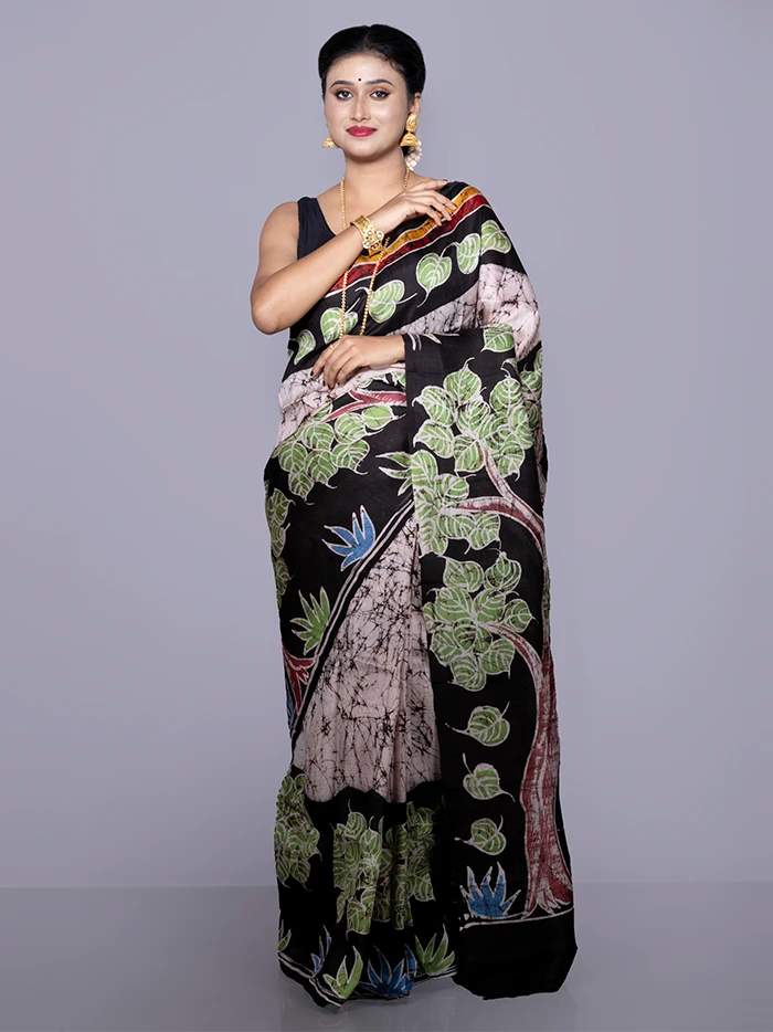 Allover Hand Batik Printed Murshidabad Silk Saree