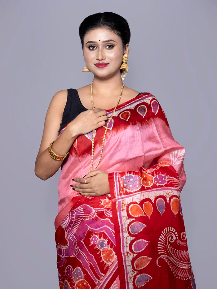 Par Anchal Buti Hand Batik Printed Murshidabad Silk Saree