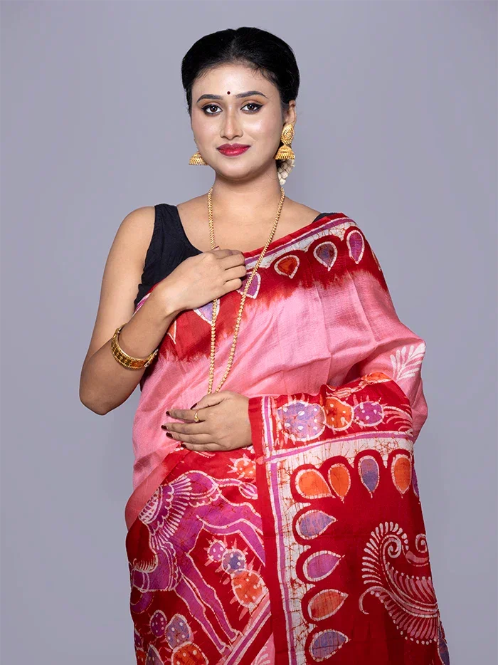 Par Anchal Buti Hand Batik Printed Murshidabad Silk Saree - WeaversIndia