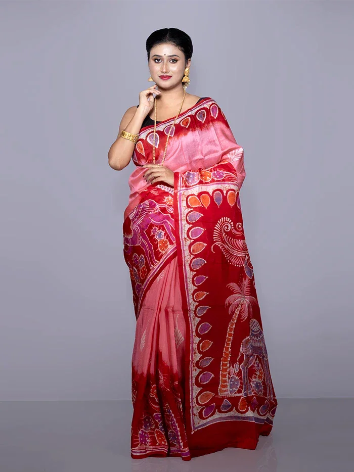 Par Anchal Buti Hand Batik Printed Murshidabad Silk Saree - WeaversIndia