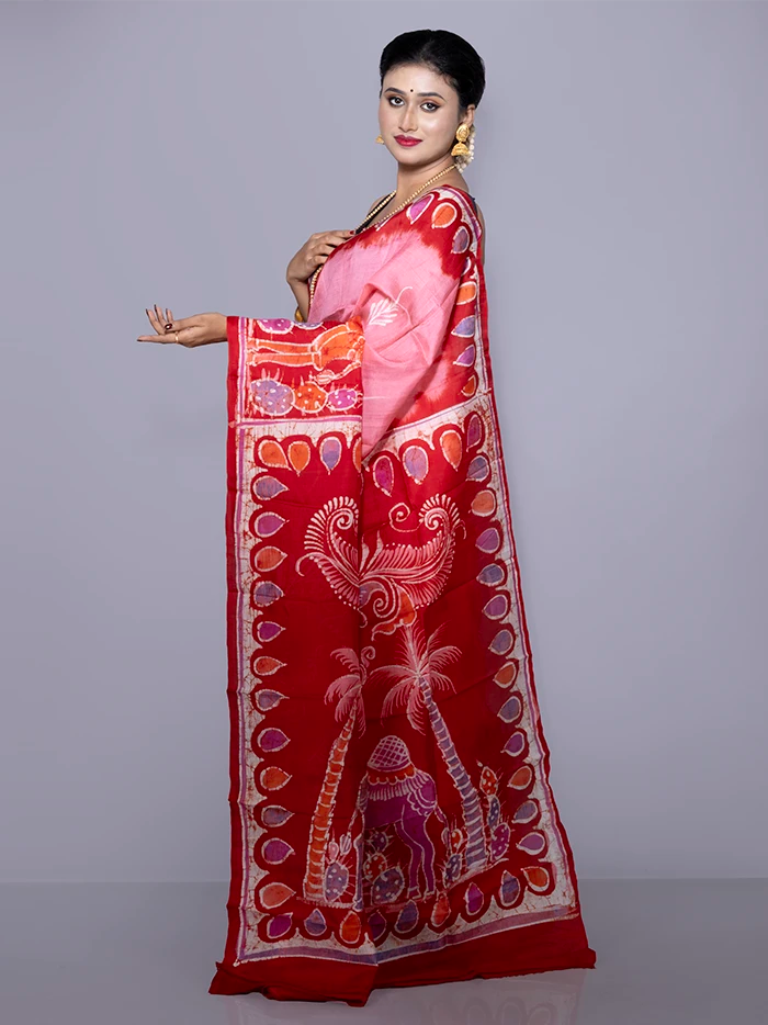 Par Anchal Buti Hand Batik Printed Murshidabad Silk Saree