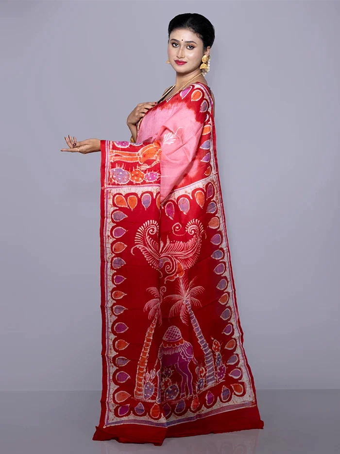 Par Anchal Buti Hand Batik Printed Murshidabad Silk Saree - WeaversIndia
