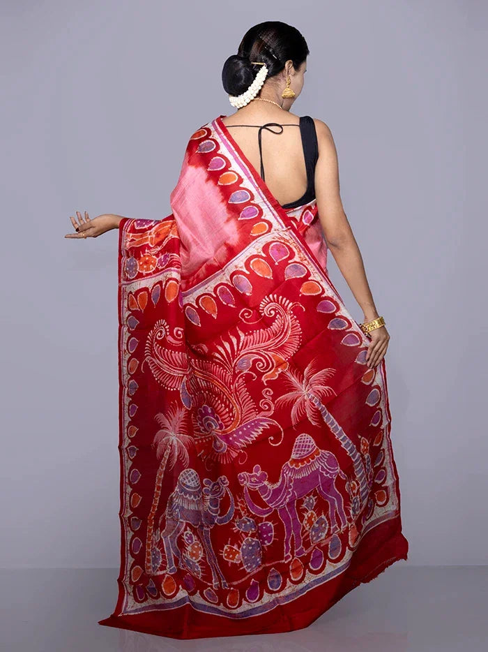 Par Anchal Buti Hand Batik Printed Murshidabad Silk Saree - WeaversIndia