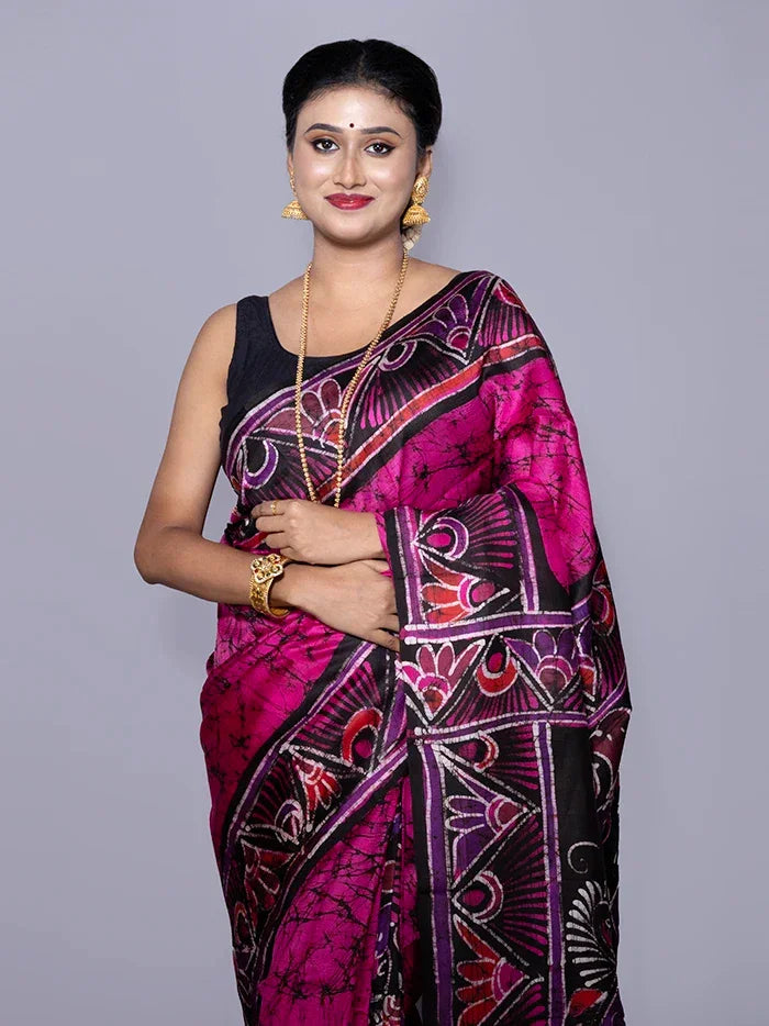 Allover Hand Batik Printed Murshidabad Silk Saree - WeaversIndia