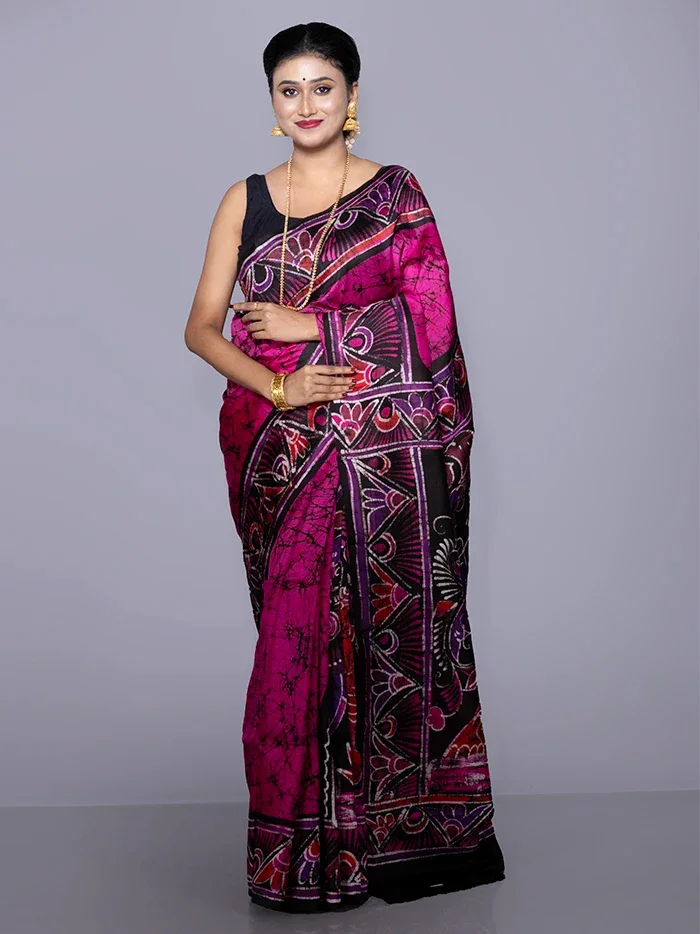 Allover Hand Batik Printed Murshidabad Silk Saree - WeaversIndia