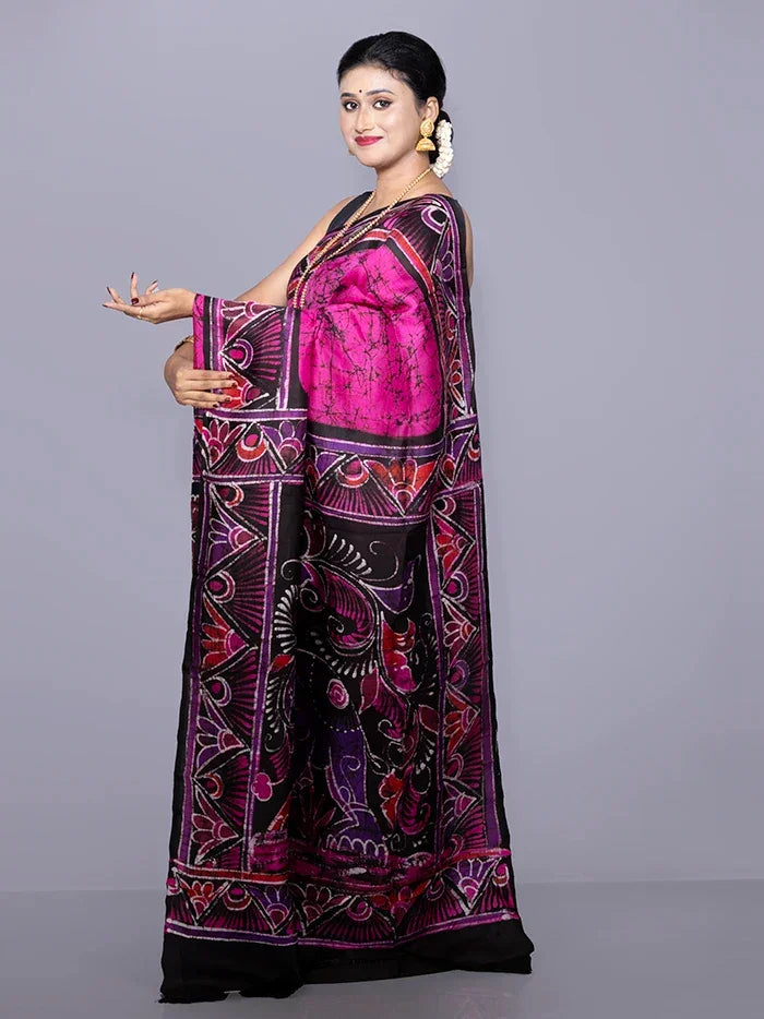 Allover Hand Batik Printed Murshidabad Silk Saree - WeaversIndia