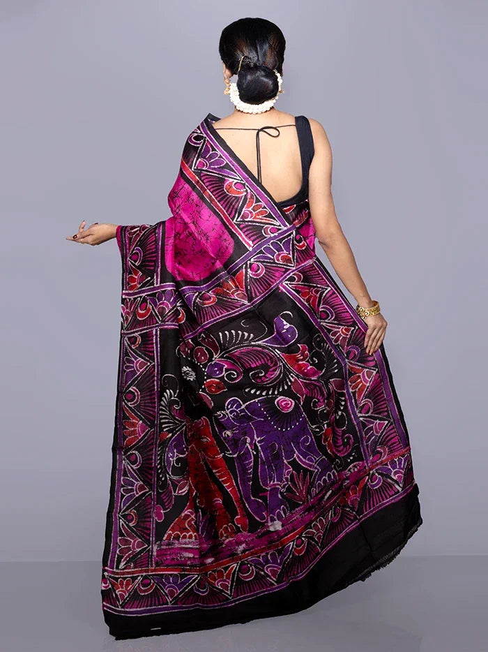 Allover Hand Batik Printed Murshidabad Silk Saree - WeaversIndia