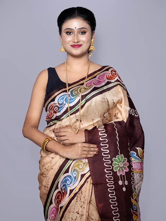 Allover Hand Batik Printed Murshidabad Silk Saree - WeaversIndia
