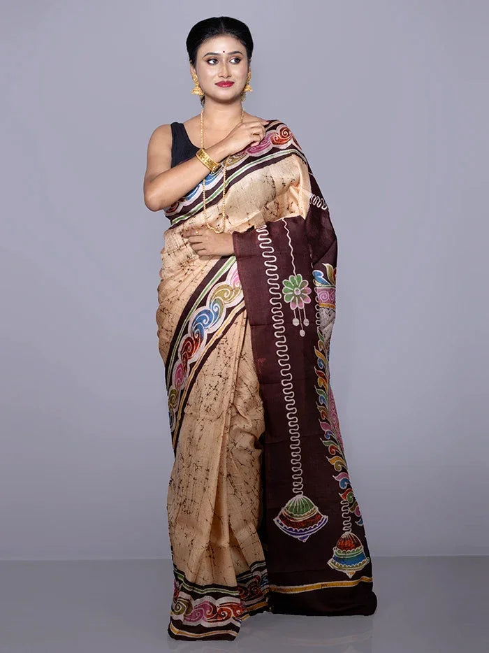 Allover Hand Batik Printed Murshidabad Silk Saree - WeaversIndia