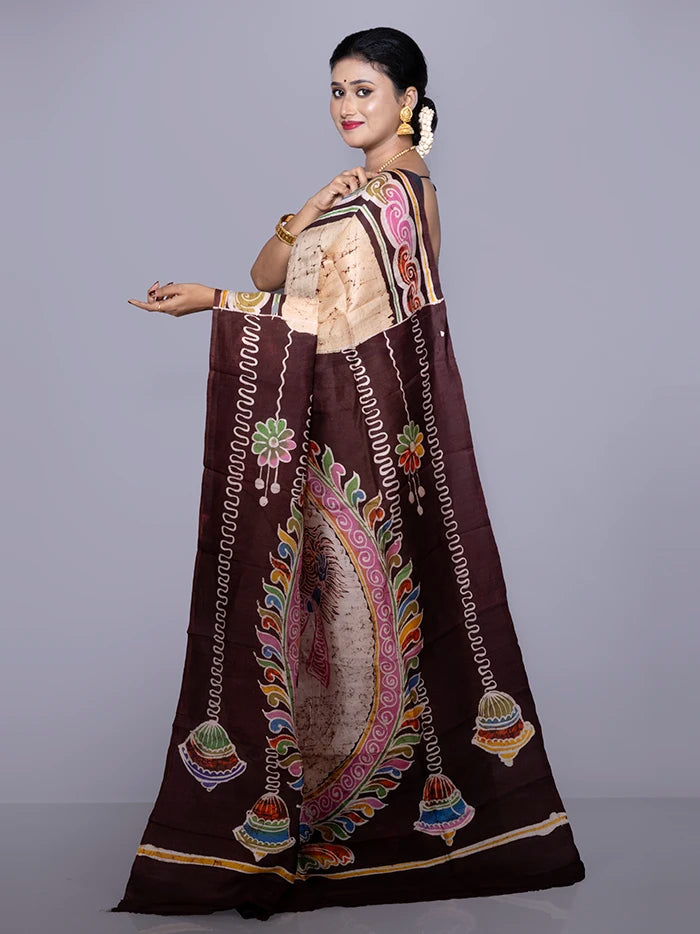 Allover Hand Batik Printed Murshidabad Silk Saree