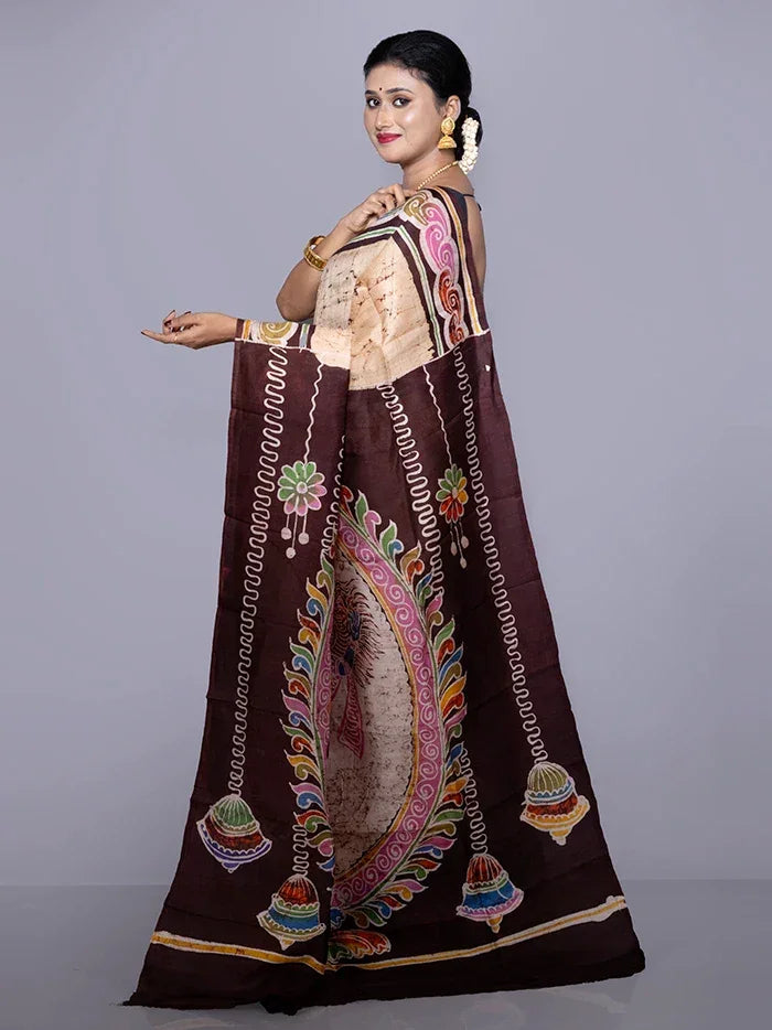 Allover Hand Batik Printed Murshidabad Silk Saree - WeaversIndia