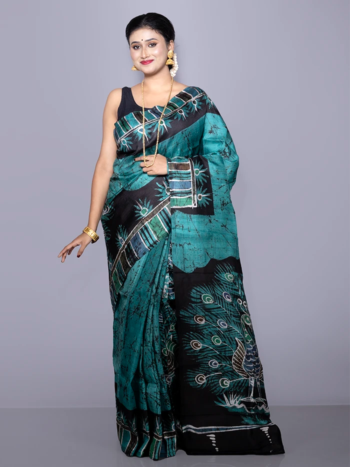 Allover Hand Batik Printed Murshidabad Silk Saree