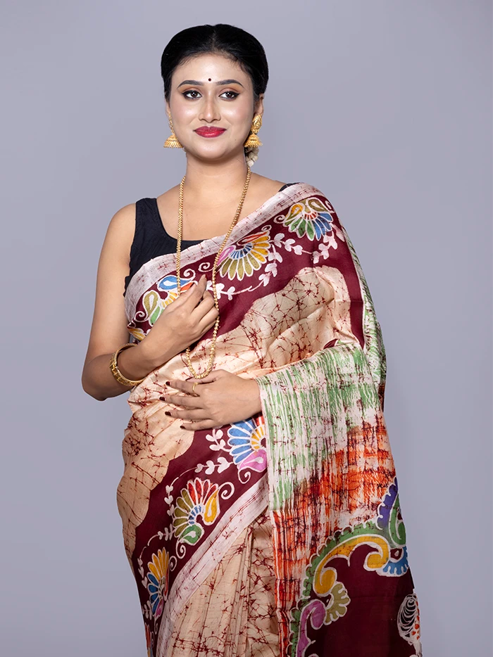 Allover Hand Batik Printed Murshidabad Silk Saree