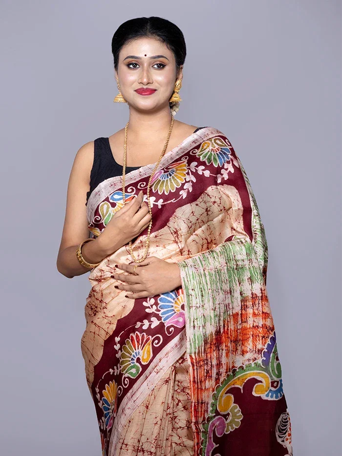 Allover Hand Batik Printed Murshidabad Silk Saree - WeaversIndia