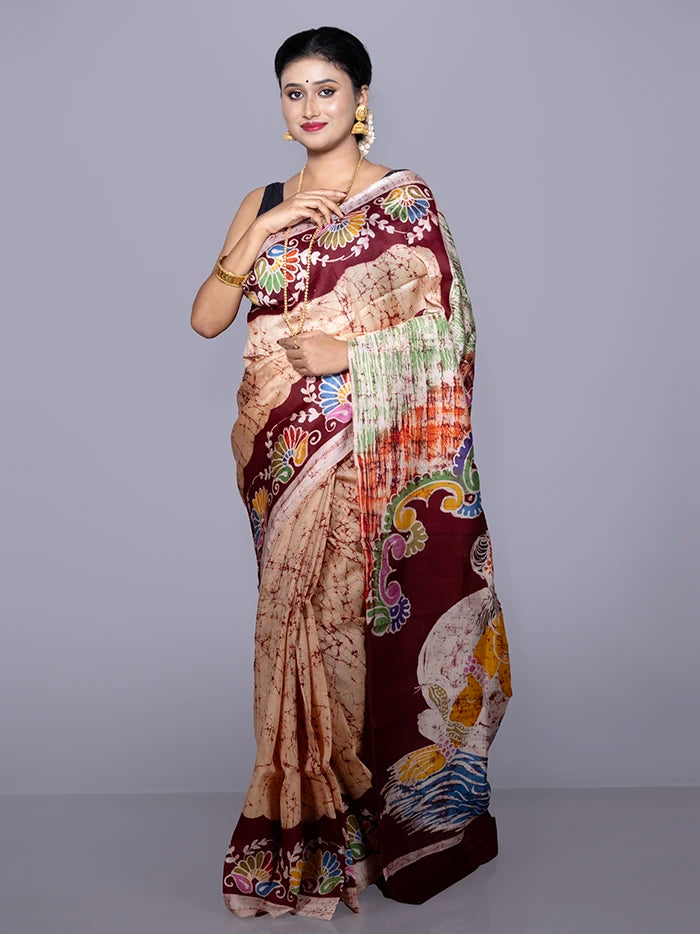 Allover Hand Batik Printed Murshidabad Silk Saree