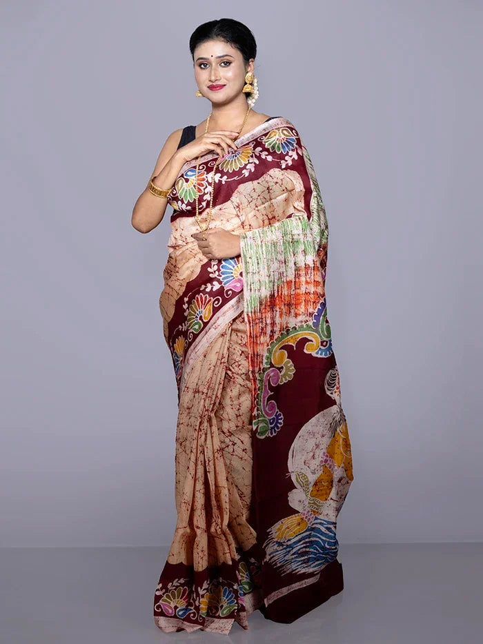 Allover Hand Batik Printed Murshidabad Silk Saree - WeaversIndia