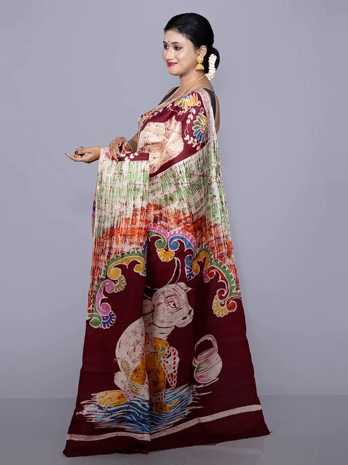Allover Hand Batik Printed Murshidabad Silk Saree - WeaversIndia