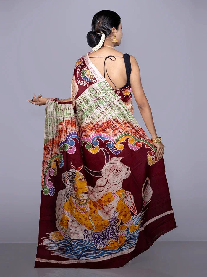 Allover Hand Batik Printed Murshidabad Silk Saree - WeaversIndia