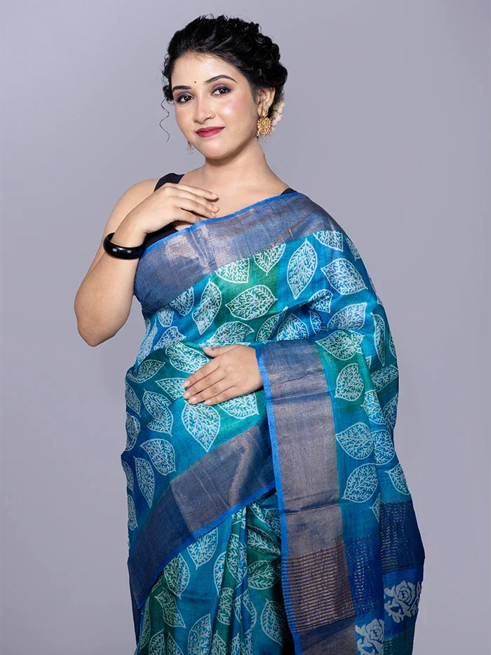 Allover Block Printed Tussar Silk Saree - WeaversIndia