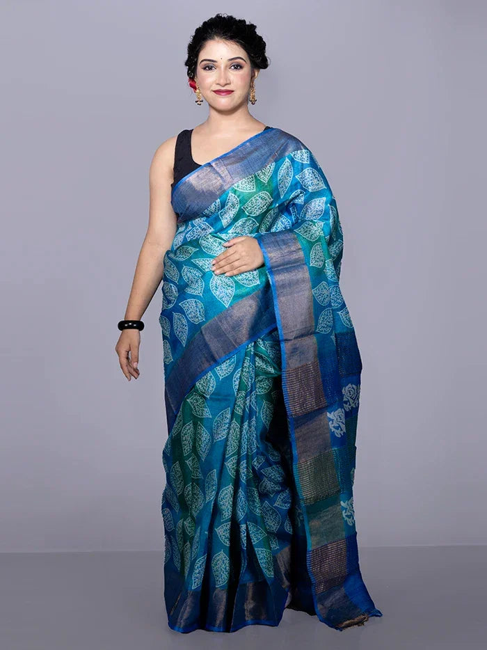 Allover Block Printed Tussar Silk Saree - WeaversIndia