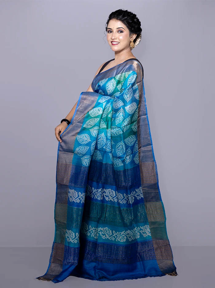 Allover Block Printed Tussar Silk Saree