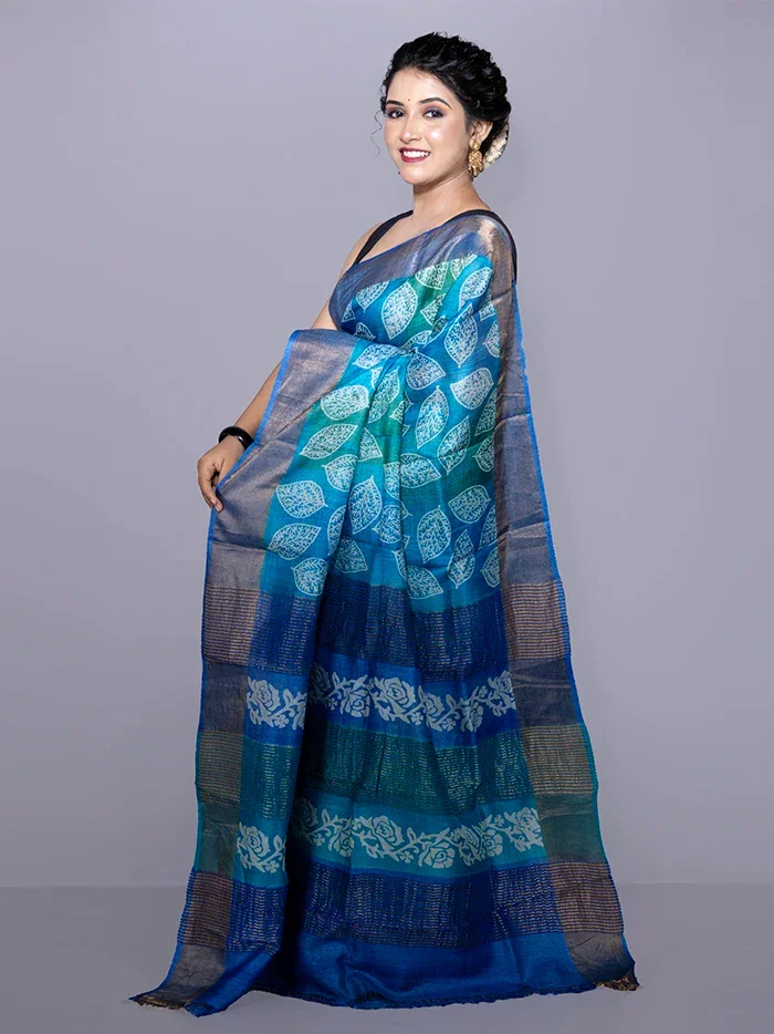 Allover Block Printed Tussar Silk Saree - WeaversIndia
