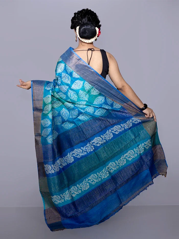 Allover Block Printed Tussar Silk Saree - WeaversIndia