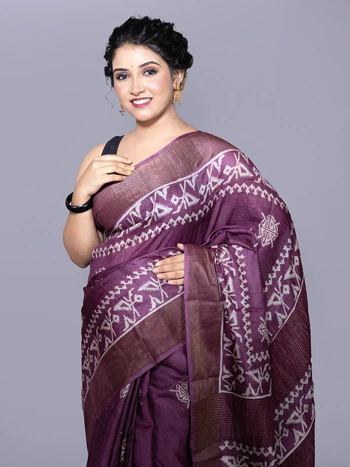 Par Anchal Buti Block Printed Tussar Silk Saree - WeaversIndia
