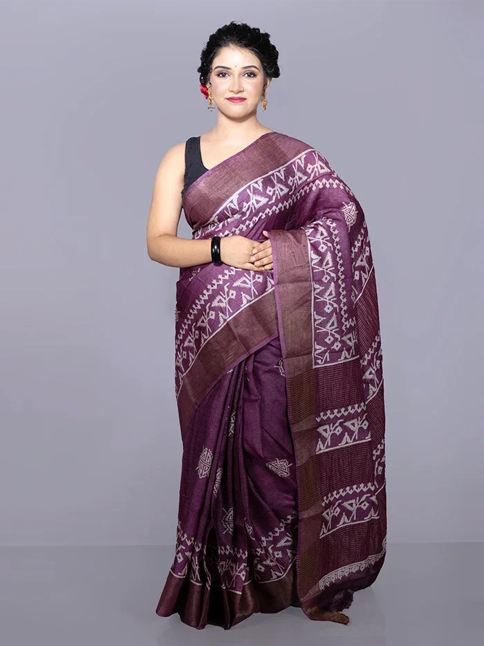 Par Anchal Buti Block Printed Tussar Silk Saree - WeaversIndia