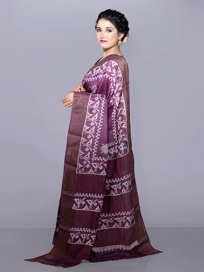 Par Anchal Buti Block Printed Tussar Silk Saree - WeaversIndia