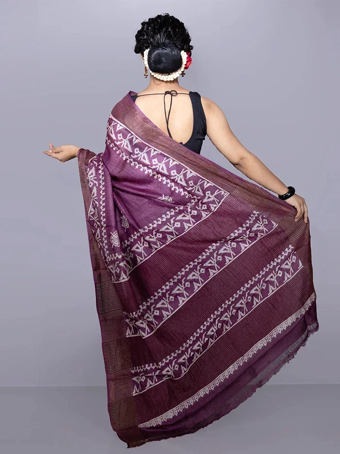 Par Anchal Buti Block Printed Tussar Silk Saree - WeaversIndia