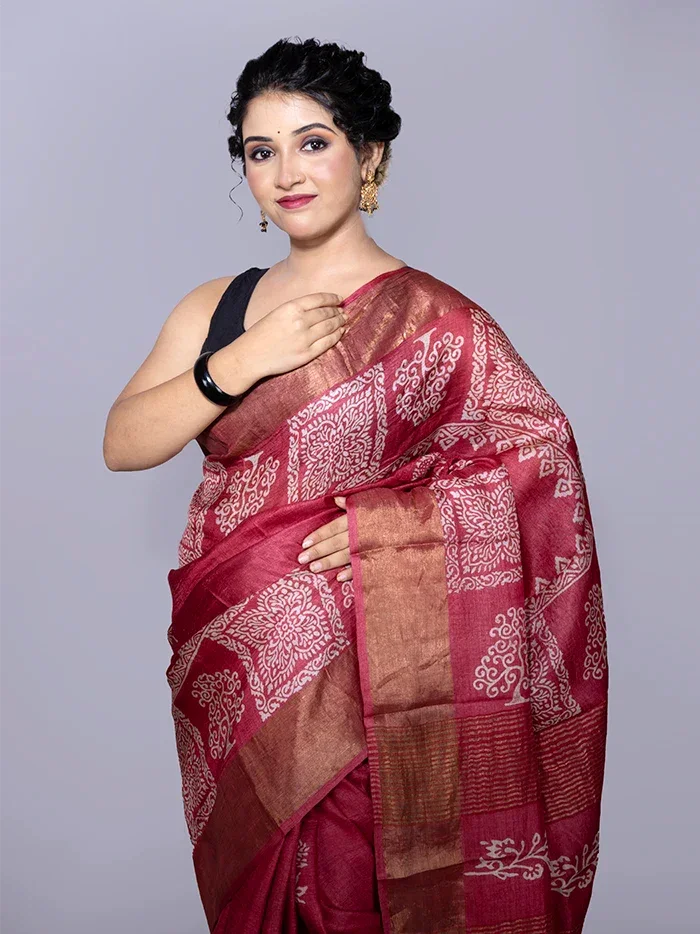 Par Anchal Buti Block Printed Tussar Silk Saree - WeaversIndia
